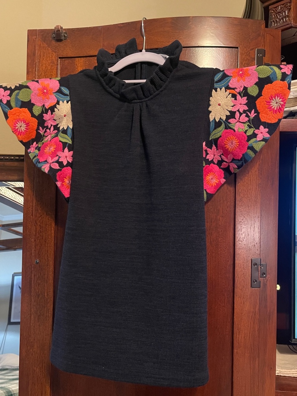 NWT THML Navy Blue Knit Top with Floral Flutter Sleeves